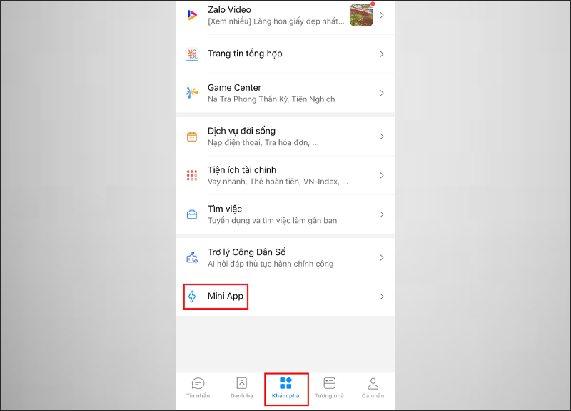 Chọn Mini App tại mục Khám phá 