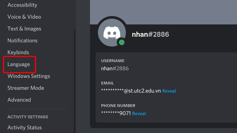 Trong giao diện cài đặt, chọn mục Language (Ngôn ngữ)