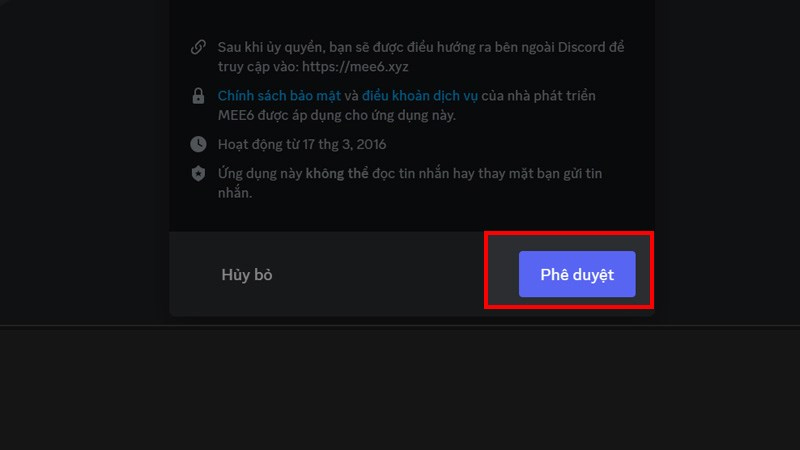 Nhấn Phê duyệt để cấp quyền cho bot