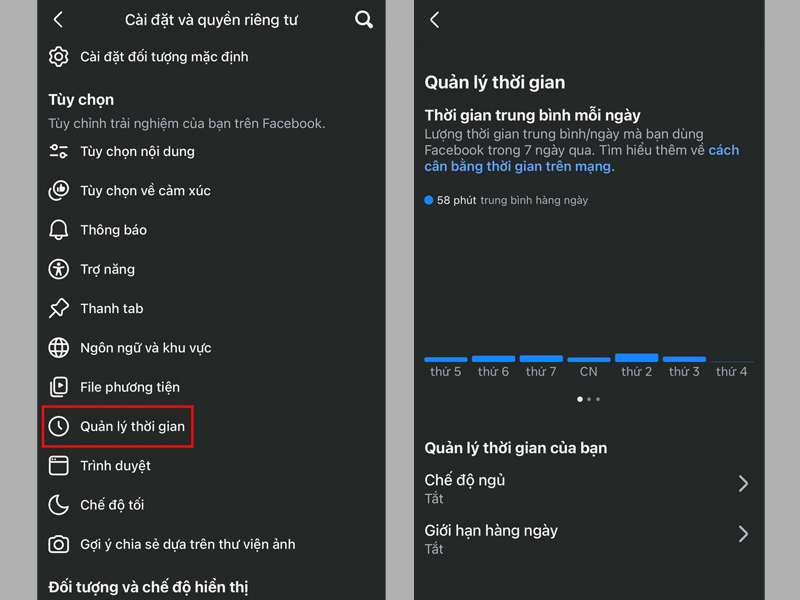 Lướt xuống mục Tùy chọn, nhấn chọn Quản lý thời gian