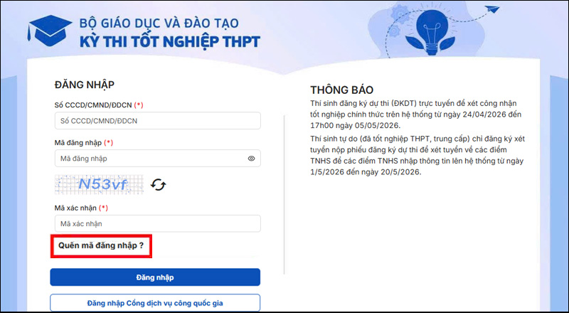 Nhấn vào mục Quên mã đăng nhập 