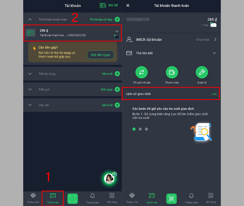 Vào mục Tài khoản, chọn Tài khoản thanh toán