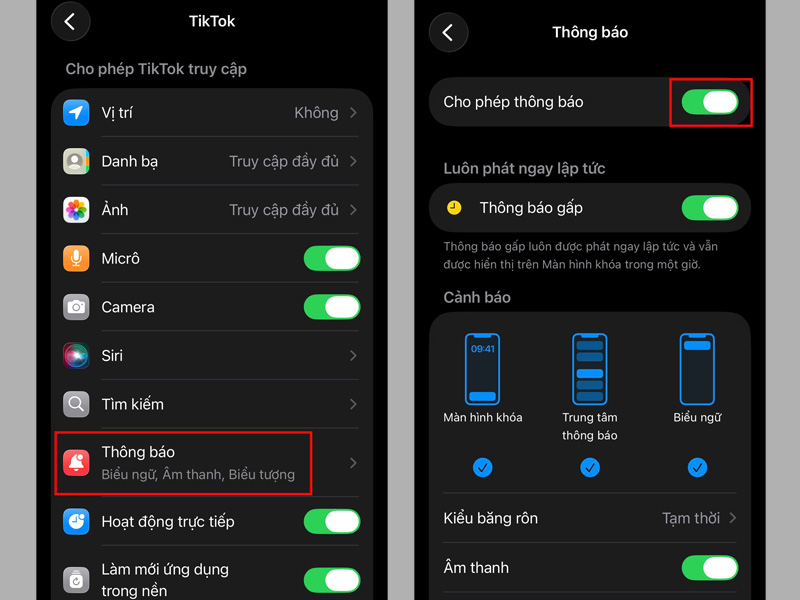 Bật tùy chọn Cho phép thông báo bằng cách gạt công tắc sang phải