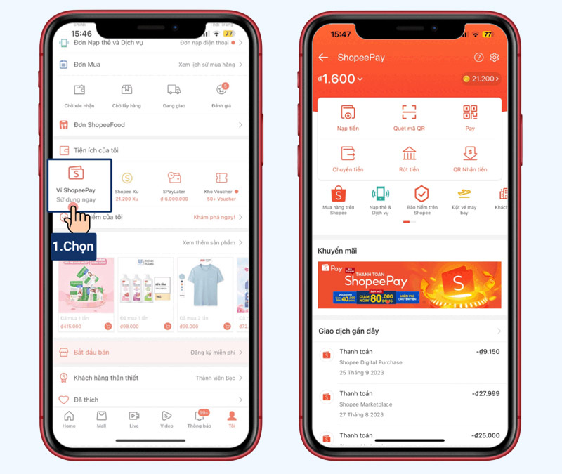 Nhấn vào mục Ví ShopeePay tại mục Tiện ích của tôi 