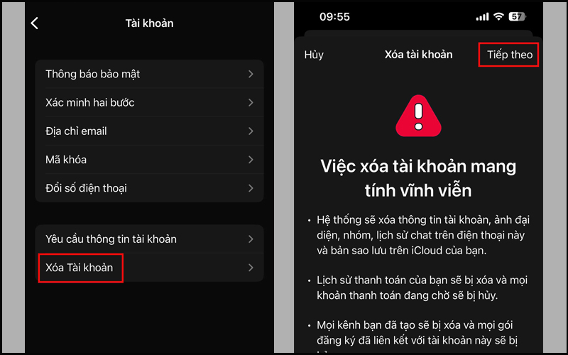 Chọn Tiếp theo khi hệ thống hiển thị thông báo xóa tài khoản vĩnh viễn