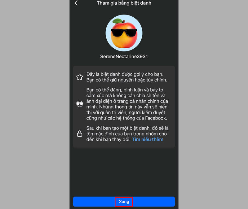 Nhấn vào mục Xong để đổi biệt danh 