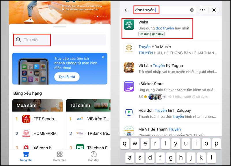 Nhập nội dung Đọc truyện, chọn ứng dụng đọc truyện Waka