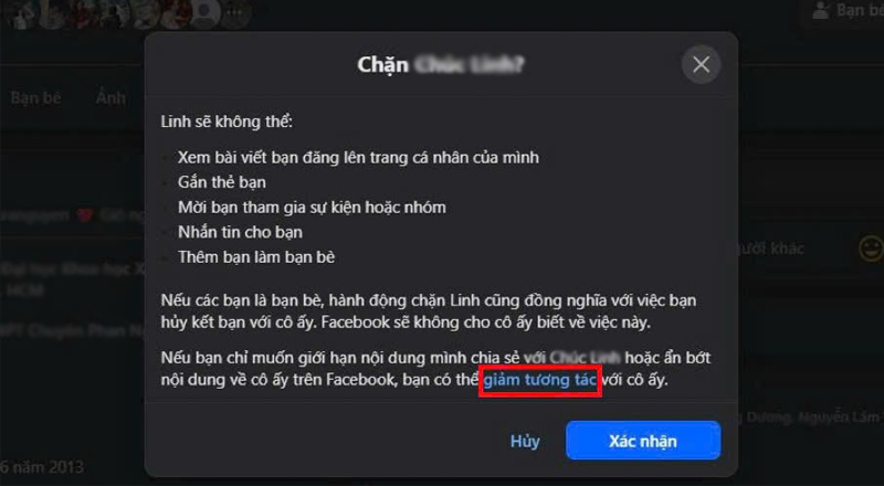 Trong menu hiển thị, chọn Chặn, nhấn vào mục giảm tương tác 