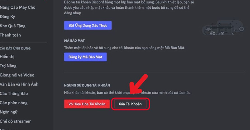 Tại mục Ngừng sử dụng tài khoản, chọn Xóa tài khoản