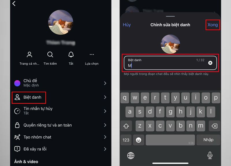 Nhấn vào mục Biệt danh, nhập biệt danh muốn đổi 
