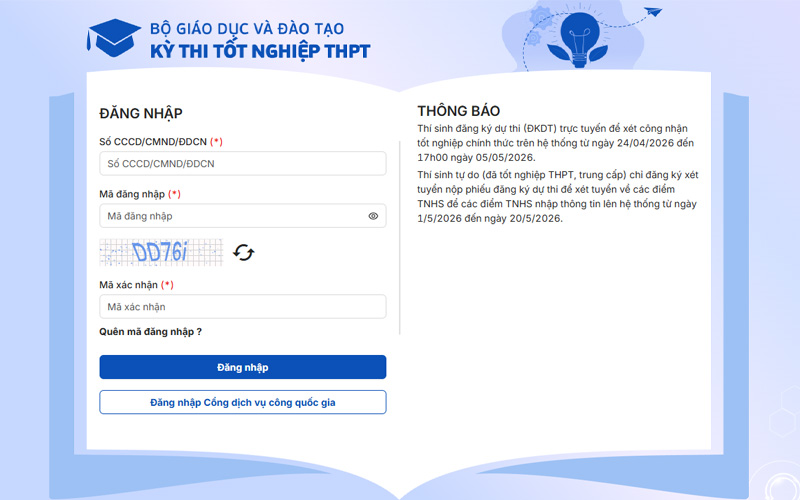 Điền số CCCD và mã đăng nhập đã được cấp