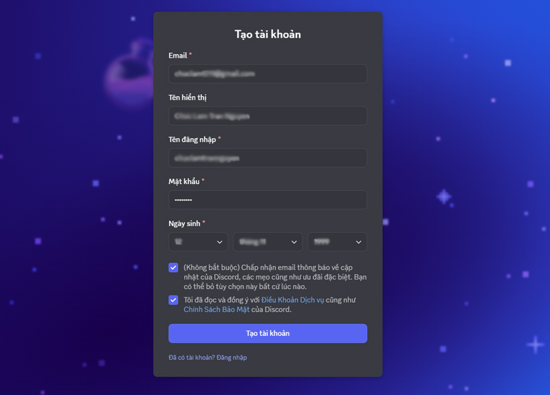 Nhập đầy đủ thông tin đăng ký tài khoản Discord