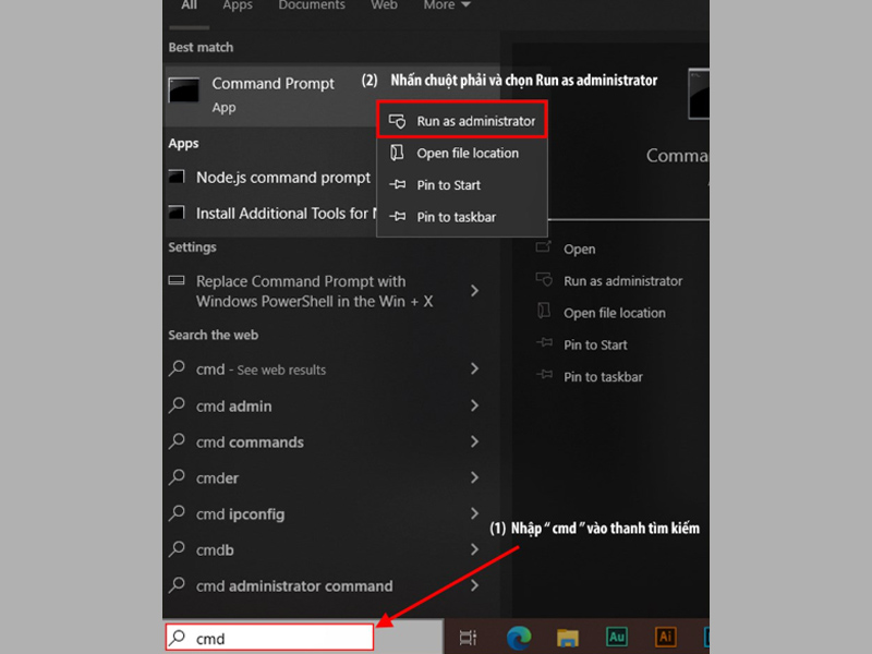 Mở Command Prompt với quyền Run as administrator