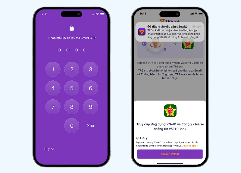 Nhập mã OTP để xác thực, sau đó chọn Tới app VNeID 