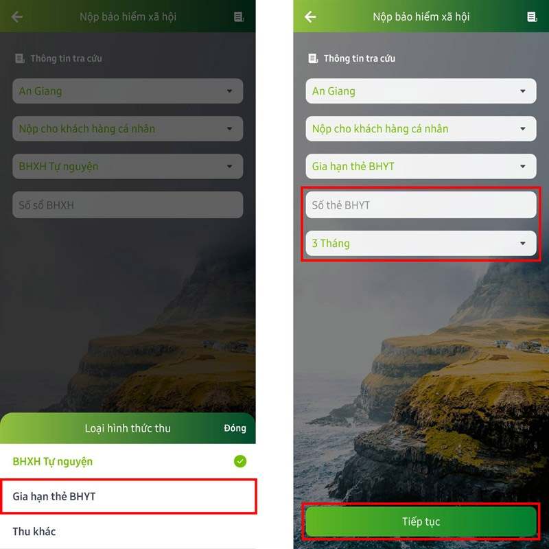 Chọn Gia hạn thẻ BHYT và nhập thông tin cần thiết