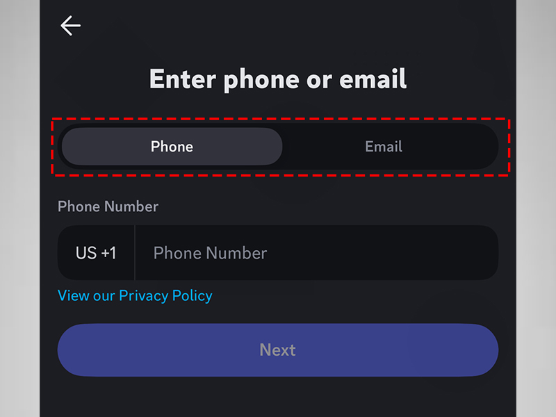 Nhập số điện thoại hoặc email bạn muốn sử dụng khi đăng ký Discord