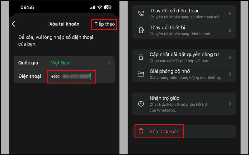 Nhập số điện thoại đăng ký WhatsApp cần xóa, nhấn Xóa tài khoản 