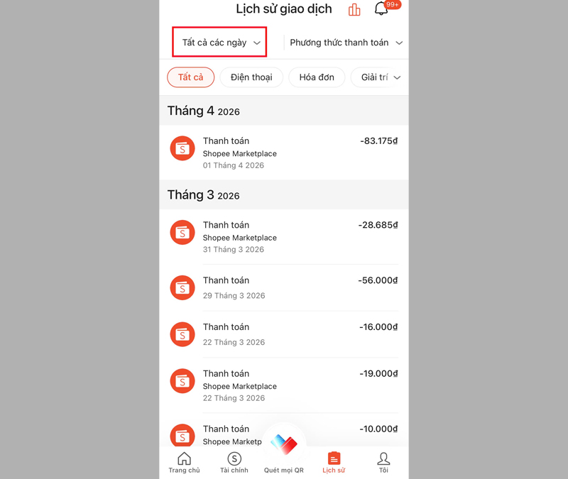 Toàn bộ các giao dịch sẽ được hiển thị trong trang Lịch sử giao dịch 