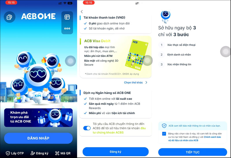 Tải ứng dụng ACB ONE sau đó chọn vào mục Đăng ký