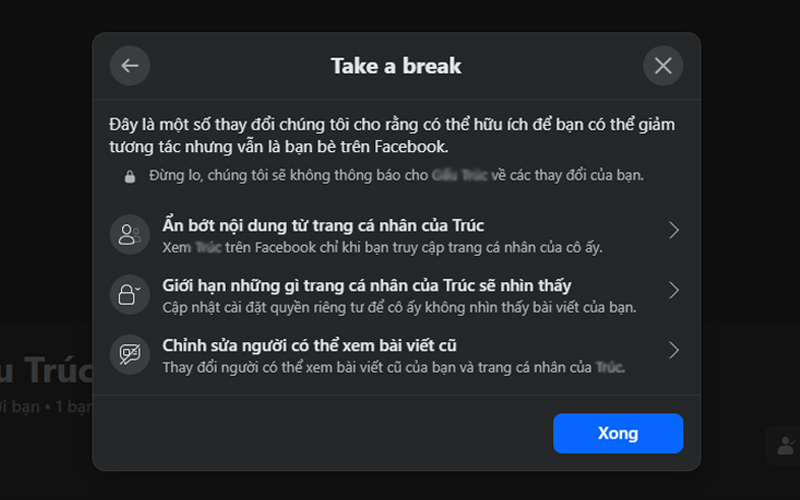 Facebook sẽ hiển thị các tùy chọn tương tự như trên điện thoại
