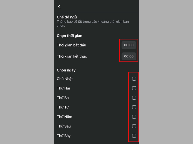Thiết lập Thời gian bắt đầu, kết thúc và chọn ngày phù hợp trong tuần 