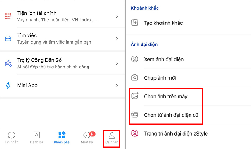 Thực hiện đổi ảnh đại diện Zalo