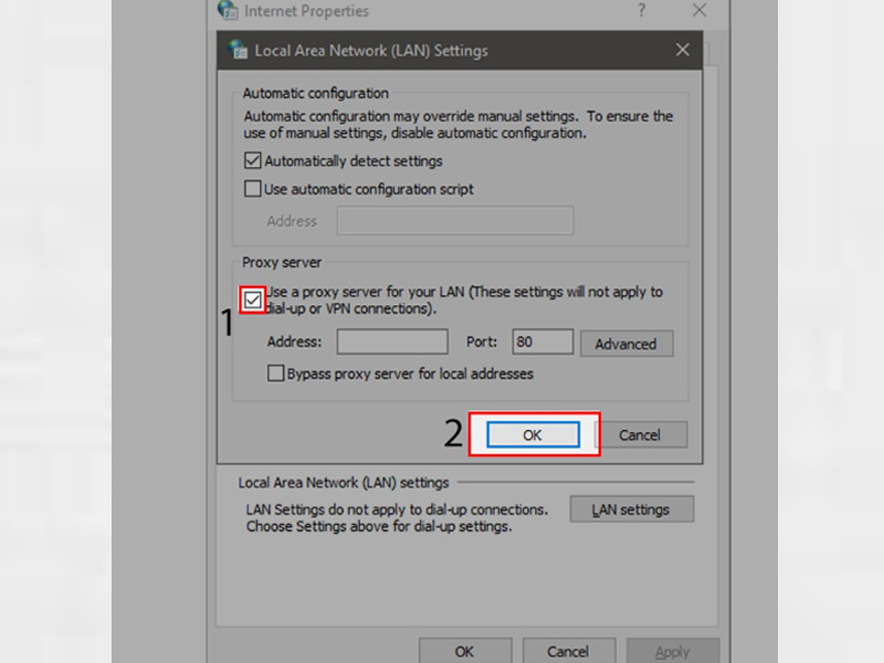 Tại tab Connections, nhấn LAN Settings, tick Use a proxy server for your LAN