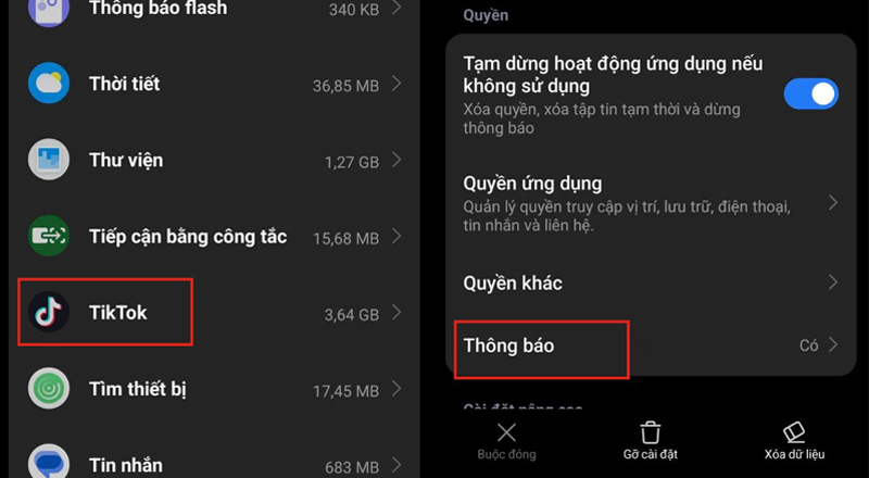 Chọn ứng dụng TikTok và nhấn vào mục Thông báo