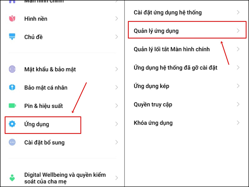 Chọn Ứng dụng và Quản lý ứng dụng trong cài đặt