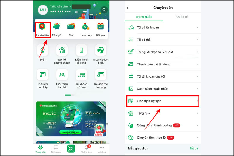 Chọn Chuyển tiền và Giao dịch đặt lịch trong menu chính