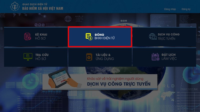 Truy cập dichvucong.baohiemxahoi.gov.vn và chọn Đóng BHXH