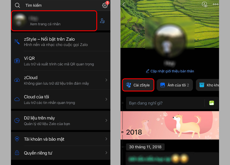 Nhấn chọn mục Cài zStyle ở phía dưới ảnh đại diện Zalo