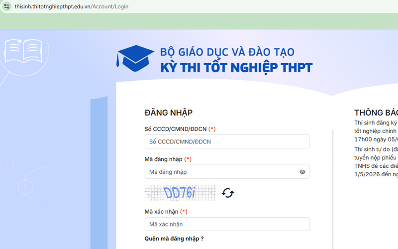 Mở trình duyệt và vào trang thisinh.thitotnghiepthpt.edu.vn