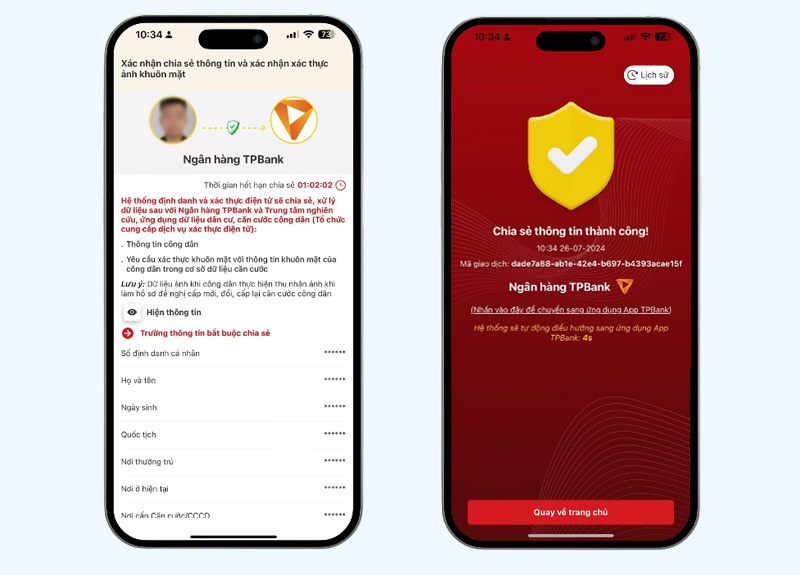 Xác thực chia sẻ thông tin và xác thực ảnh khuôn mặt 