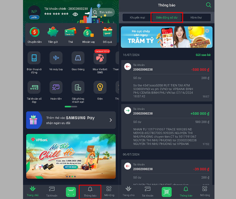 Đăng nhập VPBank NEO, chọn Thông báo, nhấn vào mục Biến động số dư