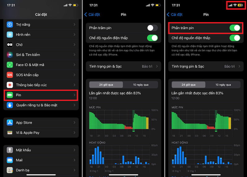 Bật hiển thị phần trăm pin trong Cài đặt