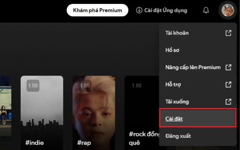 Mở ứng dụng Spotify trên máy tính, chọn ảnh đại diện, nhấn Cài đặt 