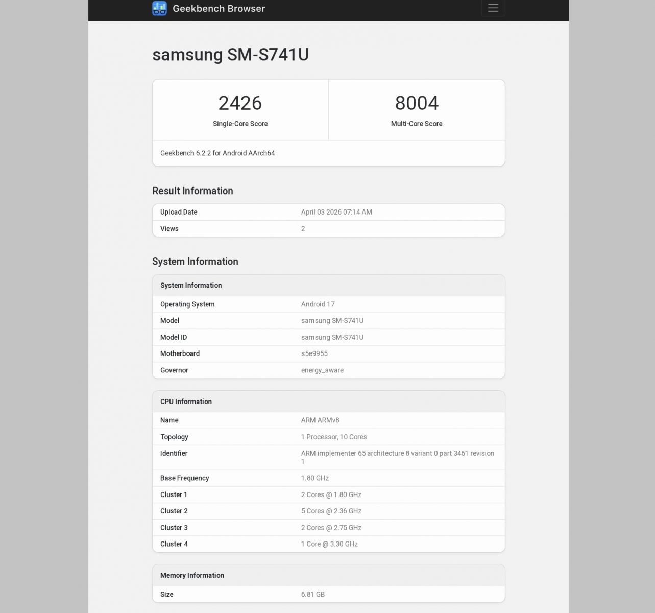 Galaxy S26 FE trên nền tảng Geekbench