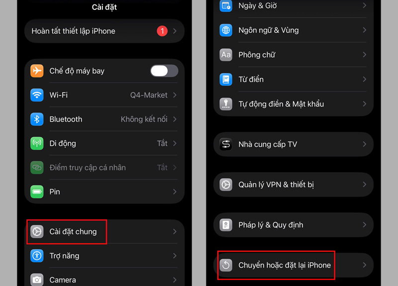 Chọn Cài đặt chung, chọn Chuyển hoặc đặt lại iPhone 