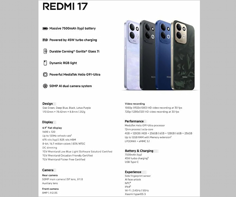 Thông số kỹ thuật dự kiến trên Redmi 17 4G