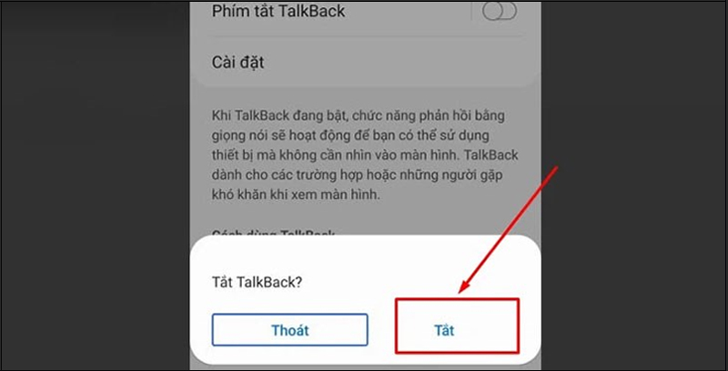 Nhấn vào tùy chọn TalkBack và tắt tùy chọn 