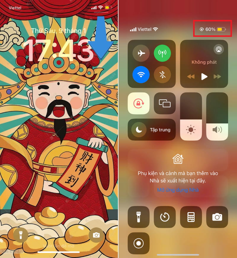 Xem phần trăm pin qua Trung tâm điều khiển
