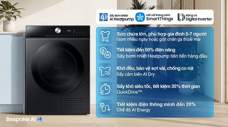 Máy Sấy Bơm Nhiệt DV10BB9440GBSV kết nối ứng dụng SmartThings