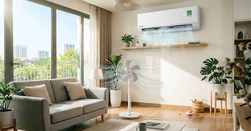 Bật quạt trong phòng điều hòa giúp giảm đáng kể lượng điện tiêu thụ