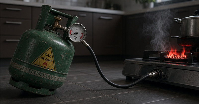Bếp gas lửa đỏ do bình gas gần hết