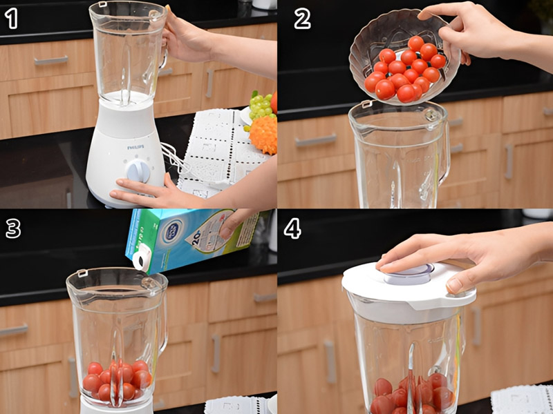 Cho nguyên liệu đã sơ chế vào cối xay