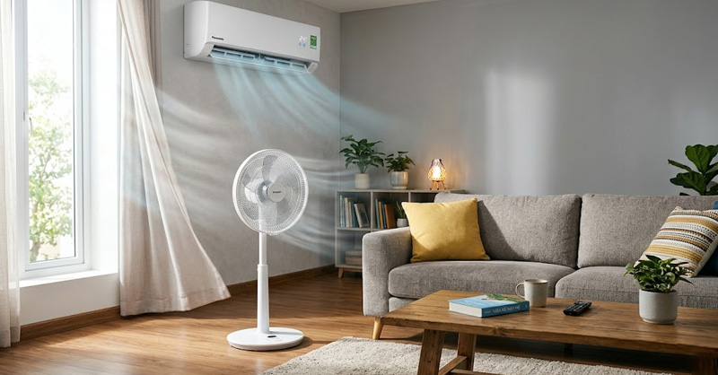 Nên đặt quạt ở chế độ gió nhẹ hoặc trung bình trong phòng điều hòa
