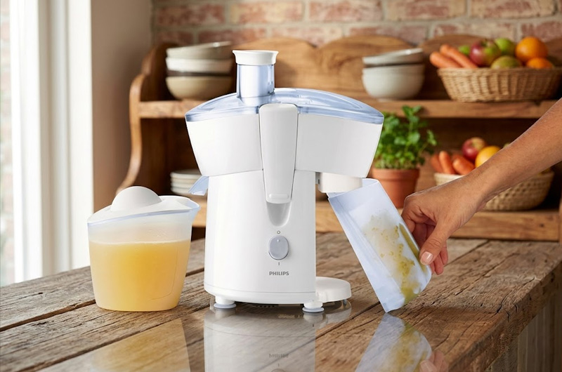 Tháo khay chứa bã, đổ bỏ toàn bộ phần bã trái cây vào thùng rác