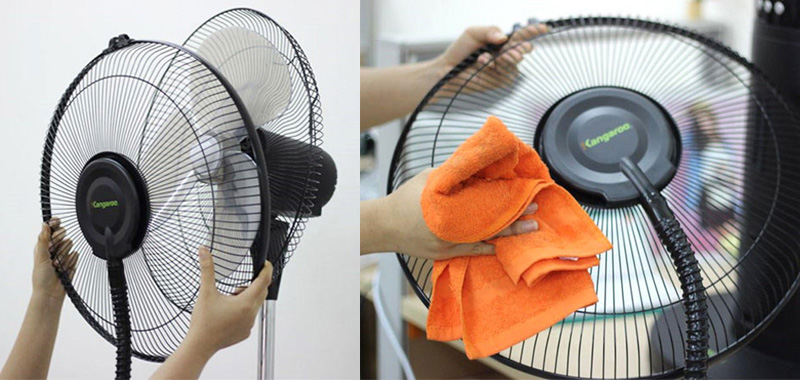 Tháo 2 bên lồng quạt và dùng khăn vệ sinh 