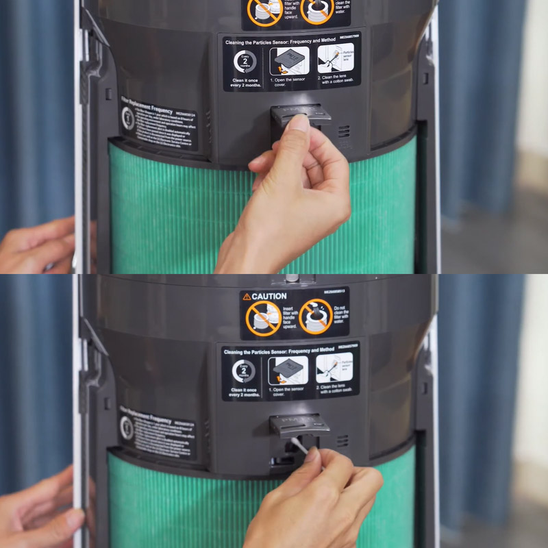 Dùng tăm bông vệ sinh cảm biến bụi của máy lọc không khí LG 